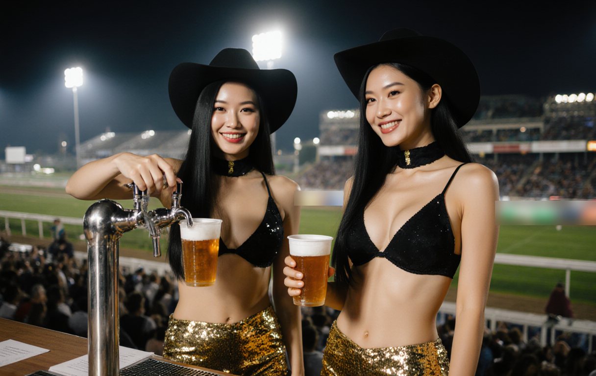 Two Aigyr Girls in black cowboy hats pouring beer on the deck