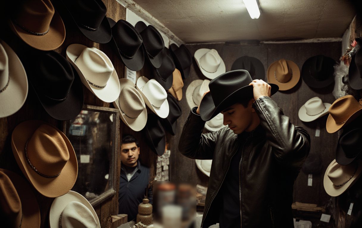 Hat shop with cowboy hats in a Talas bazaar