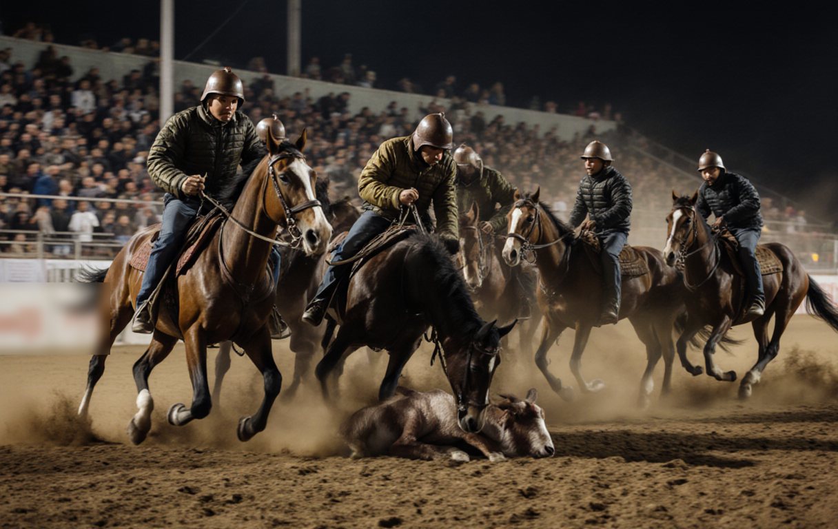 Ulak riders fight for the goat under the floodlights at the State Hippodrome